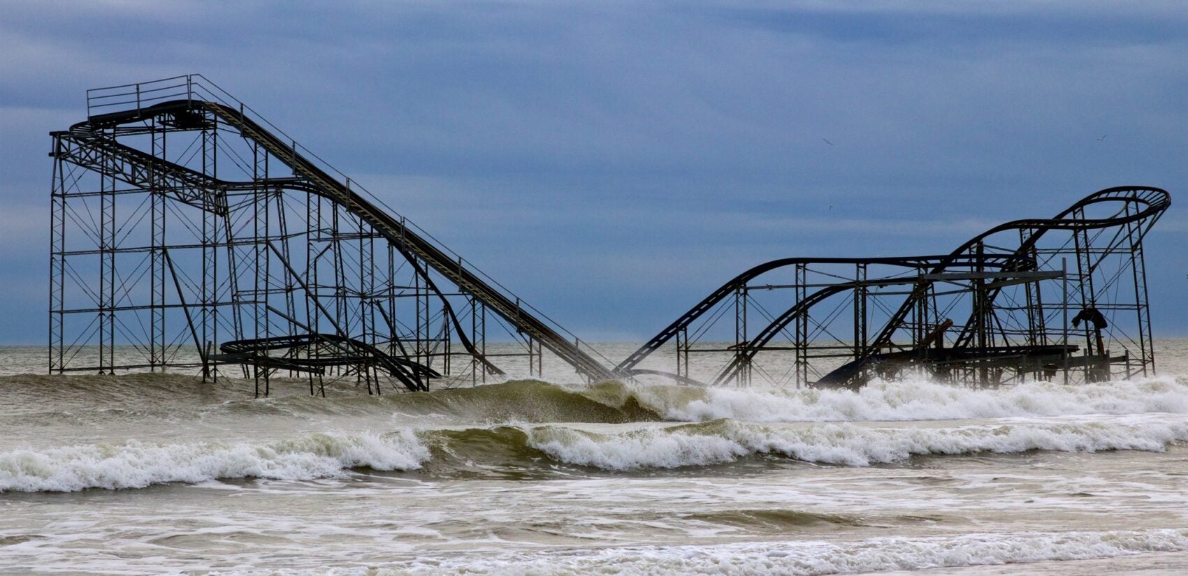 Seaside Heights, NJ, USA: Superstorm Sandy left the Jetstar roller coaster sitting in the Atlantic Ocean. (Photo/Jana Shea)