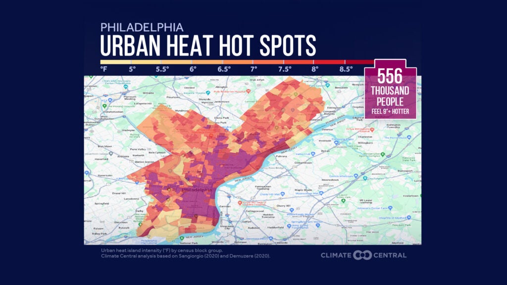A map of Philadelphia showing heat hot spots