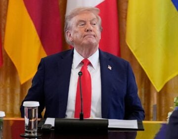 Donald Trump looks on