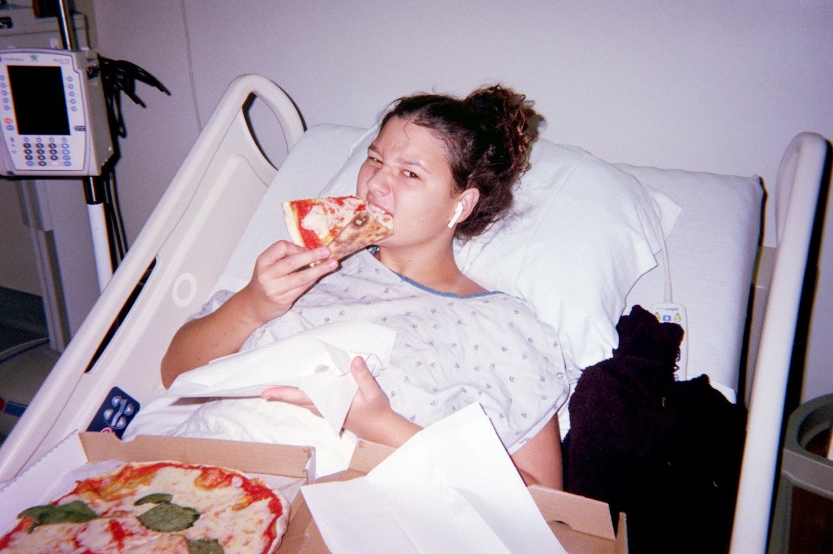 Elodie Hekimian-Brogan at a hospital in Los Angeles in 2019 leading up to surgery to remove a cancerous tumor that had been growing on one of her ovaries. (Courtesy of Elodie Hekimian-Brogan)