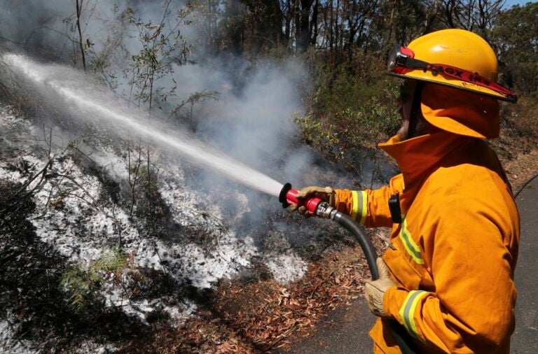 A firefighter sprays foam on smoldering bush