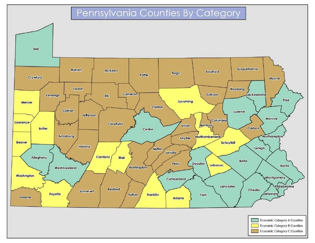 Map of Pennsylvania counties with different colors for different categories
