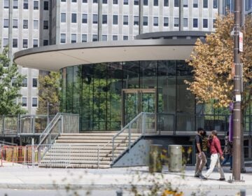 The round visitor center building in LOVE Park