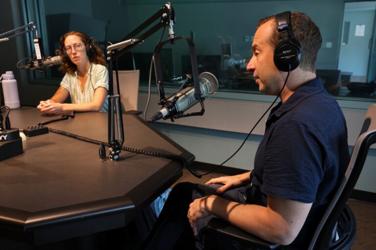 Alice Yorke and Scott Sheppard in the studio at WHYY speaking with Jennifer Lynn