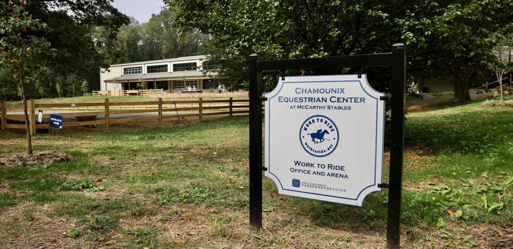 2025 09 24-e lee-philadelphia fairmount park chamounix stables-new arena sign A sign at the entrance of the Chamounix Equestrian Center