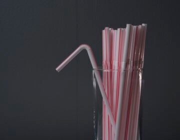 Plastic straws are displayed in a glass