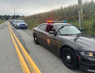 Police cars are parked on a rural road in Pennsylvania