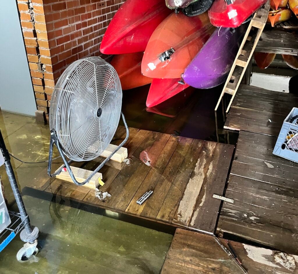 Fan in flooded boathouse