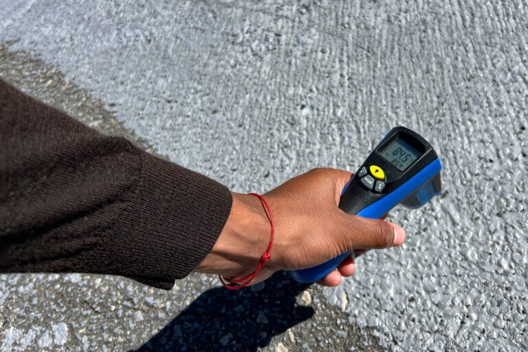 A close-up photo of a man holding a special thermometer to the ground