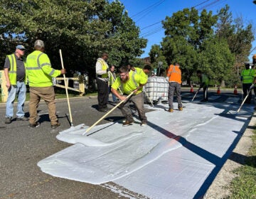 Workers spread the white coating along the road