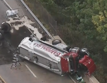 An overturned tanker truck on Route 1 Bypass in Upper Province Township