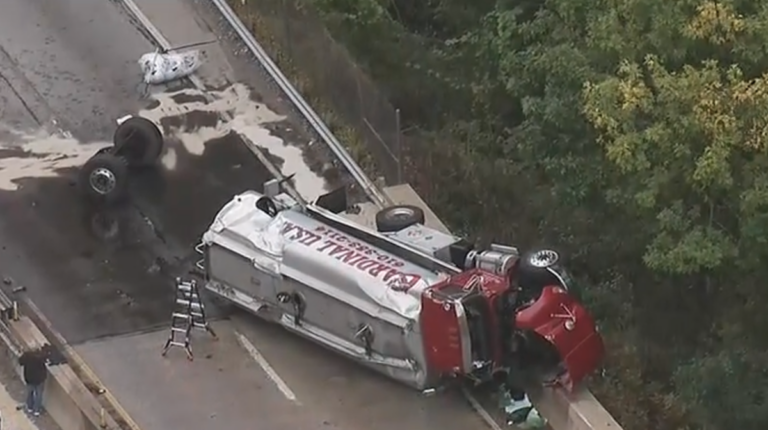 An overturned tanker truck on Route 1 Bypass in Upper Province Township