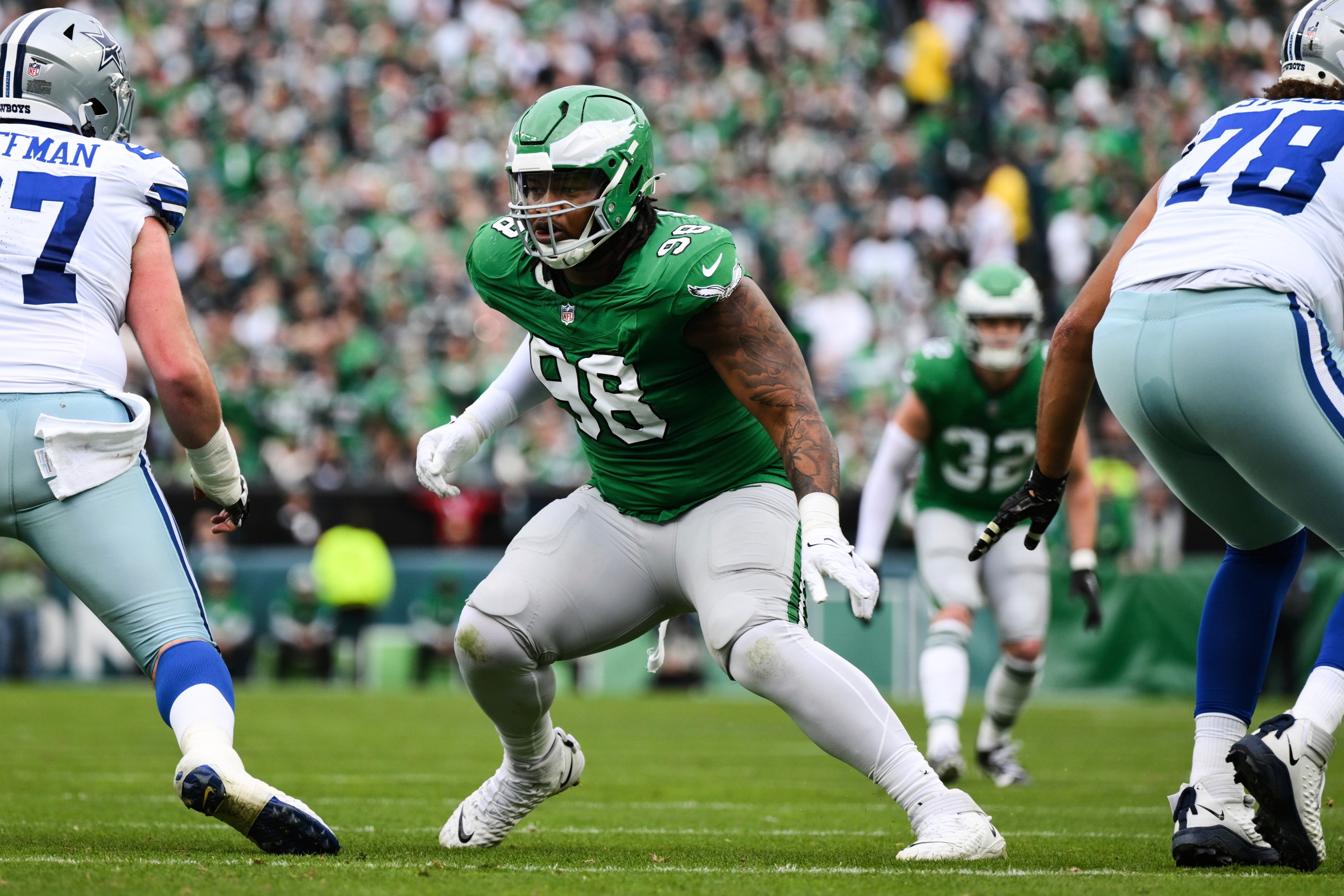 Jalen Carter in action during the first half of an NFL football game against the Dallas Cowboys