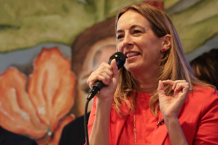 Mikie Sherrill addressing the crowd at a rally