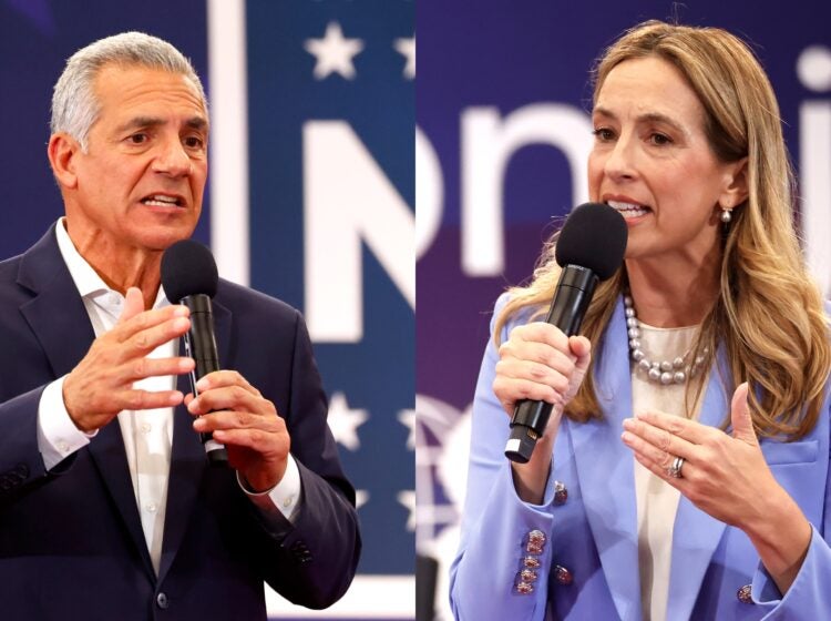 side-by-side photos of Mikie Sherrill and Jack Ciattarelli