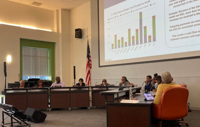 The school board for the School District of Philadelphia looks up at a graph during a meeting