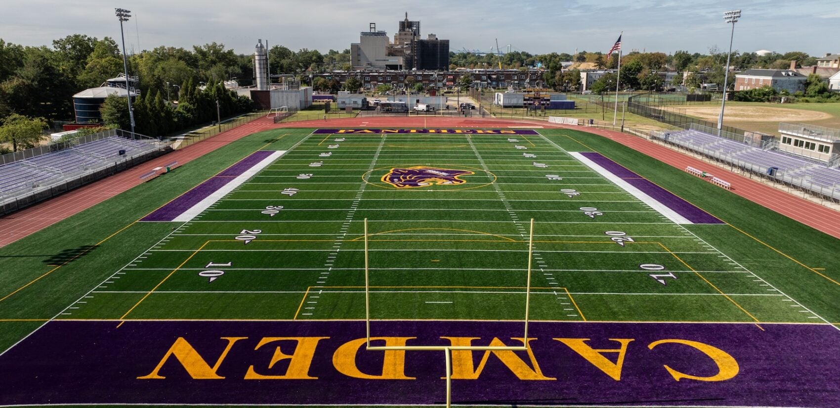 Camden High School’s football field in summer of 2025 (Kimberly Paynter/WHYY) An overhead view of the football fiel