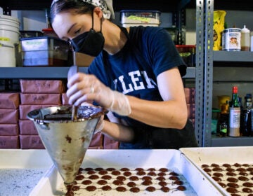 10 28 2025 k paynter chocolate making-3 A worker drops liquid chocolate onto sprinkles