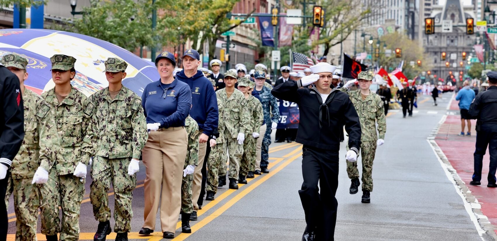 2025 10 13-e lee-philadelphia-navy marines 250th parade cadets salute U.S. Navy Sea Cadets march in the Navy and Marine Corps 250th anniversary parade