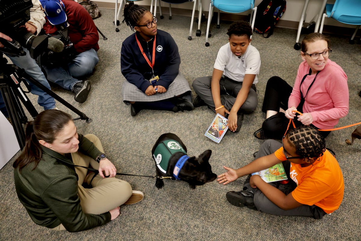 students sitting with String Theory School staff and therapy dogs