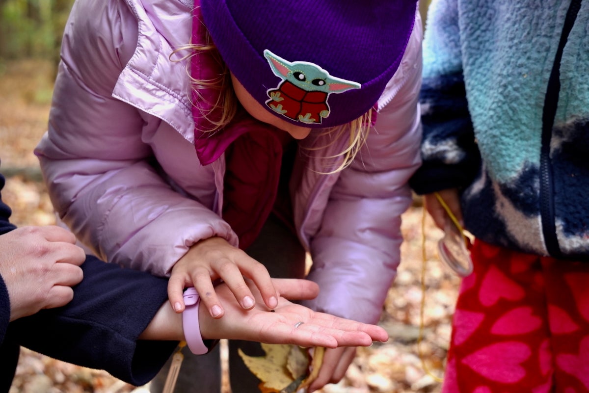 2025 10 28-e lee-maeve mcdermot-croydon pa keystone elementary school-nature club Maeve McDermot gently touches a tiny snail held by Beth Clark.