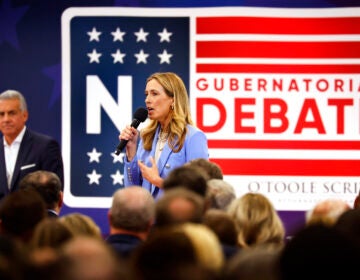 Democrat Mikie Sherrill responds to questions during the first general election gubernatorial debate with Republican opponent Jack Ciattarelli