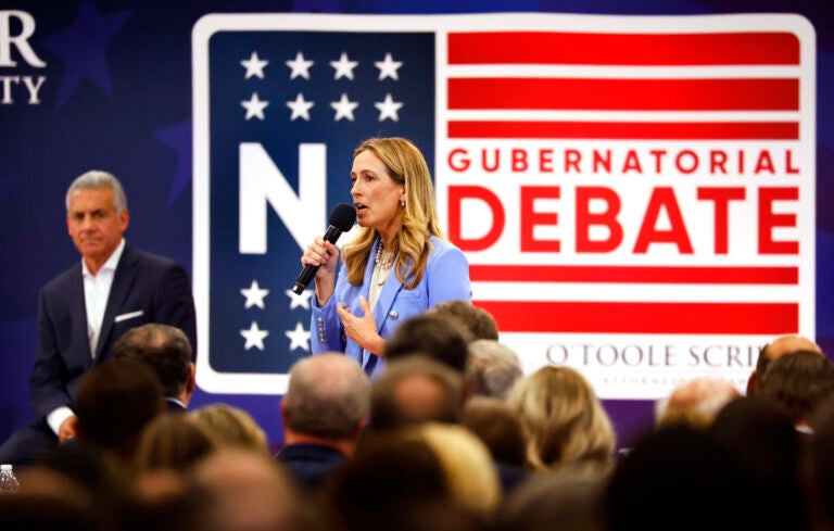 Democrat Mikie Sherrill responds to questions during the first general election gubernatorial debate with Republican opponent Jack Ciattarelli