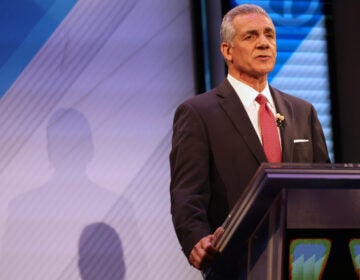Republican Jack Ciattarelli speaks during the final debate in the New Jersey governor's race behind a podium