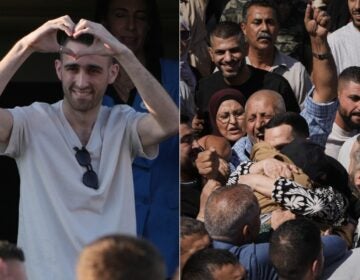 (Freed Israeli hostage Avinatan Or gestures from a van as he arrives at Beilinson hospital in Petah Tikva, Israel, after he was released from Hamas captivity in the Gaza Strip, Monday, Oct. 13, 2025. (AP Photo/Ariel Schalit) / Palestinian prisoners are greeted after being released from Israeli prison following a ceasefire agreement between Israel and Hamas, in the West Bank city of Ramallah, Monday, Oct. 13, 2025. (AP Photo/Mahmoud Illean)