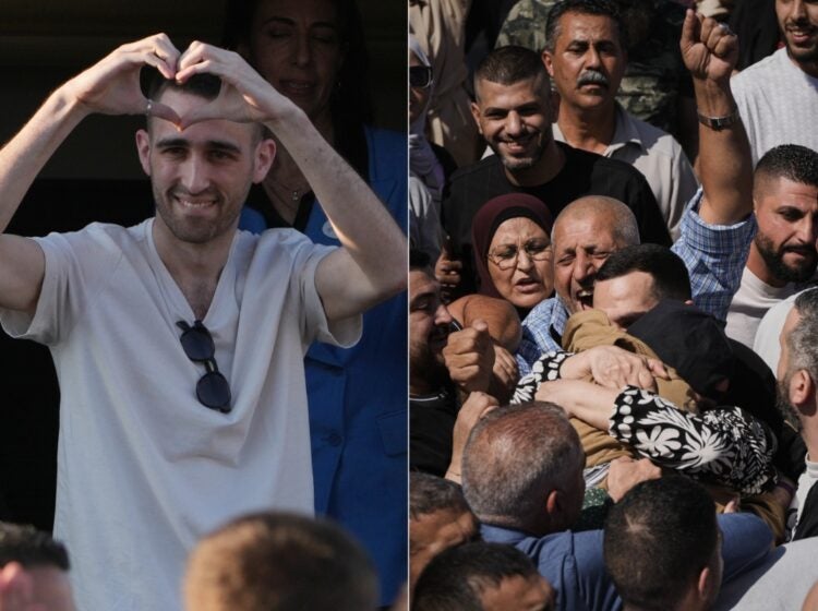 (Freed Israeli hostage Avinatan Or gestures from a van as he arrives at Beilinson hospital in Petah Tikva, Israel, after he was released from Hamas captivity in the Gaza Strip, Monday, Oct. 13, 2025. (AP Photo/Ariel Schalit) / Palestinian prisoners are greeted after being released from Israeli prison following a ceasefire agreement between Israel and Hamas, in the West Bank city of Ramallah, Monday, Oct. 13, 2025. (AP Photo/Mahmoud Illean)
