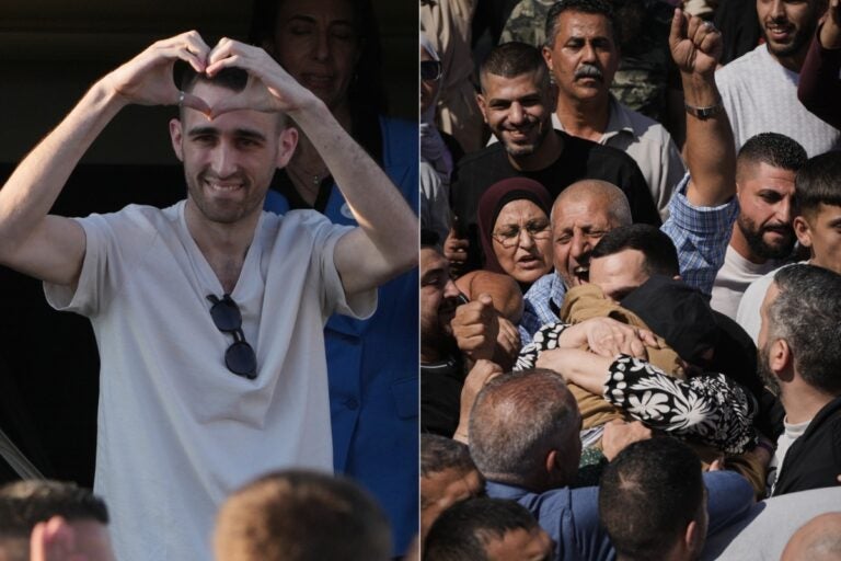 MixCollage-13-Oct-2025-03-15-PM-9357 (Freed Israeli hostage Avinatan Or gestures from a van as he arrives at Beilinson hospital in Petah Tikva, Israel, after he was released from Hamas captivity in the Gaza Strip, Monday, Oct. 13, 2025. (AP Photo/Ariel Schalit) / Palestinian prisoners are greeted after being released from Israeli prison following a ceasefire agreement between Israel and Hamas, in the West Bank city of Ramallah, Monday, Oct. 13, 2025. (AP Photo/Mahmoud Illean)