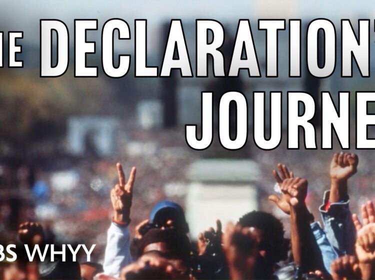 Crowd of people holding up fists and peace signs