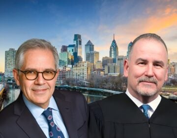 One the left, incumbent District Attorney Larry Krasner (D). On the right, Pat Dugan running for Philadelphia's highest prosector office as a Republican.