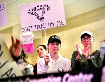 an abortion rights rally, with the most prominent sign reading DON'T TREAD ON ME