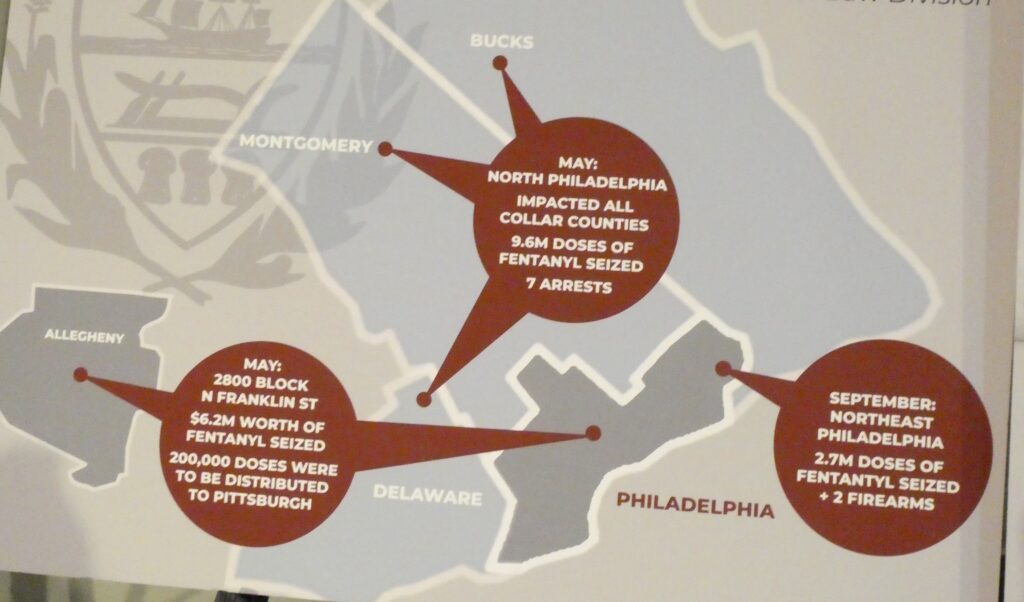 A map showing areas of drug busts