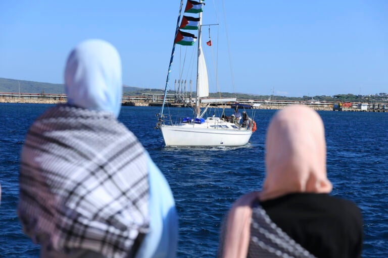 Tunisia Gaza Flotilla Supporters watching boat departs to Gaza