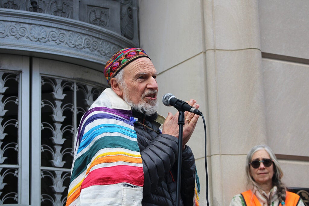 Rabbi Mordechai Liebling, of Jewish Voice for Peace Philly, speaks outside of Sen. John Fetterman's Old City office