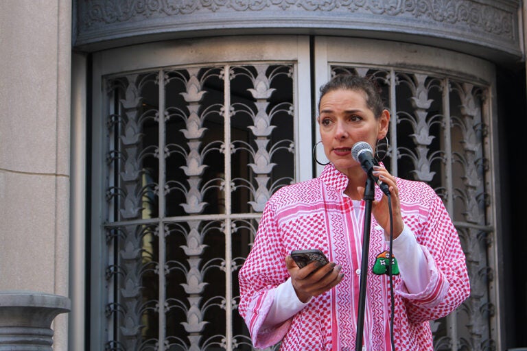 fridays-at-fettermans-7 Samah Elhajibrahim, a Palestinian-American scholar, speaks into a microphone outside of Sen. John Fetterman's Old City office