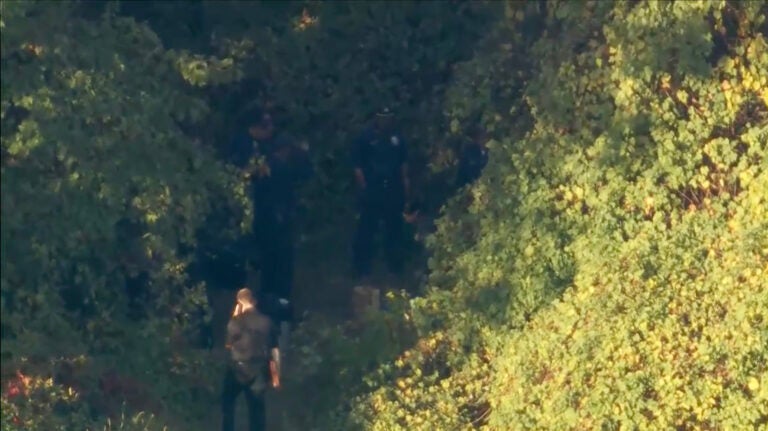 Philadelphia police search a wooded area