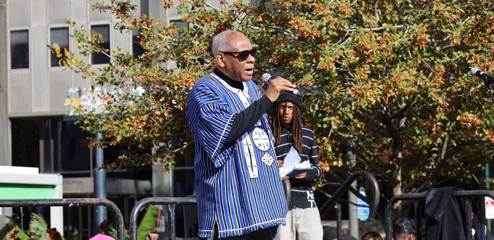 million-man-march-philadelphia-2025-10-26-8 Temple University professor and author Molefi Asante speaks into a mic