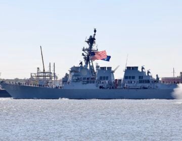 A Navy ship in the Delaware River