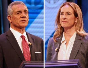 Republican Jack Ciattarelli (left) and Democrat Mikie Sherrill during the final debate in governors race, Oct. 8, 2025, in New Brunswick, N.J.