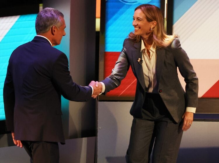 Republican Jack Ciattarelli (left) and Democrat Mikie Sherrill shake hands at the end of the final debate in the New Jersey governor's race, Wednesday, Oct. 8, 2025, in New Brunswick, N.J.