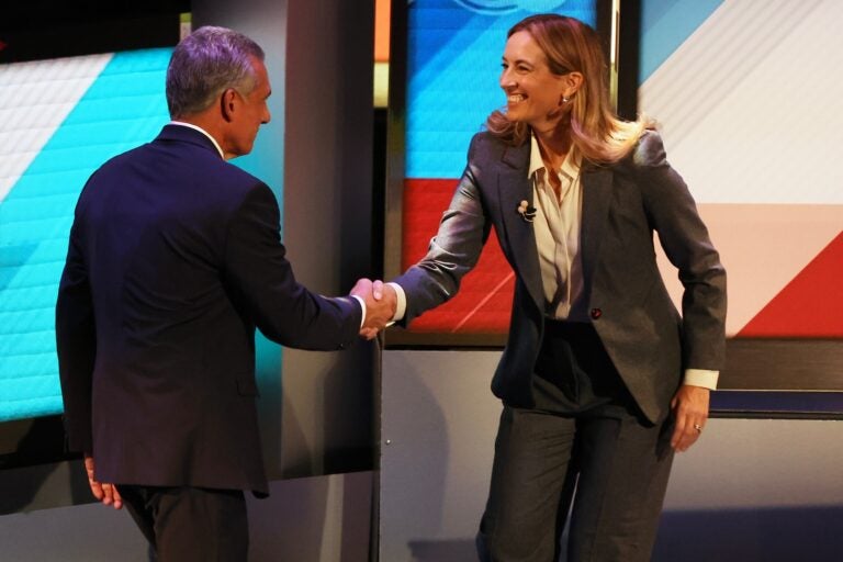 Election 2025 New Jersey Governor Republican Jack Ciattarelli (left) and Democrat Mikie Sherrill shake hands at the end of the final debate in the New Jersey governor's race, Wednesday, Oct. 8, 2025, in New Brunswick, N.J.