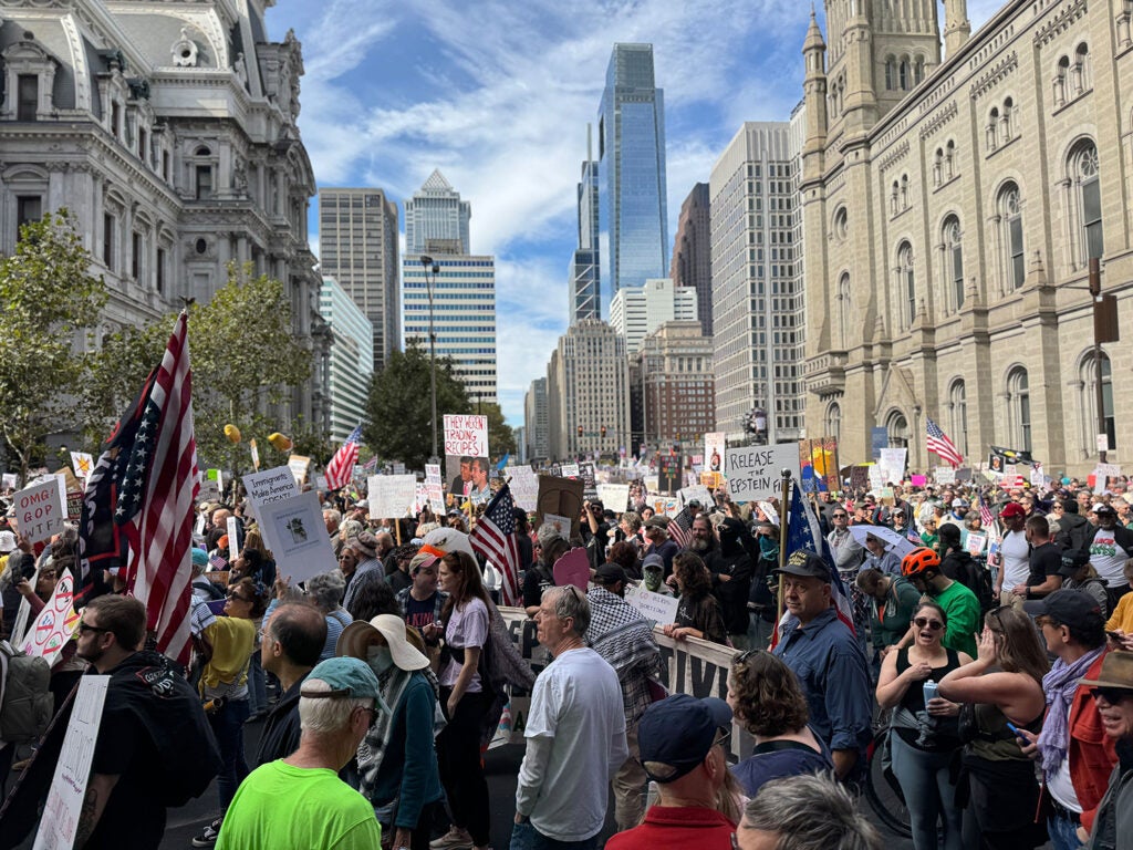 ‘’No Kings’’ protesters gather at Philadelphia City Hall on Oct. 18, 2025.