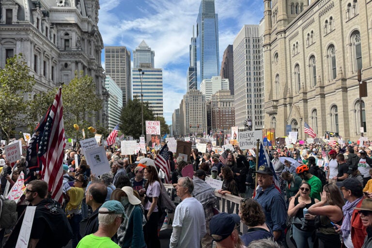 ‘’No Kings’’ protesters gather at Philadelphia City Hall on Oct. 18, 2025.