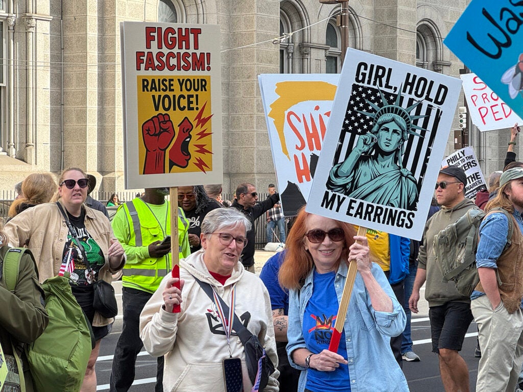 ‘’No Kings’’ protesters gather at Philadelphia City Hall on Oct. 18, 2025.