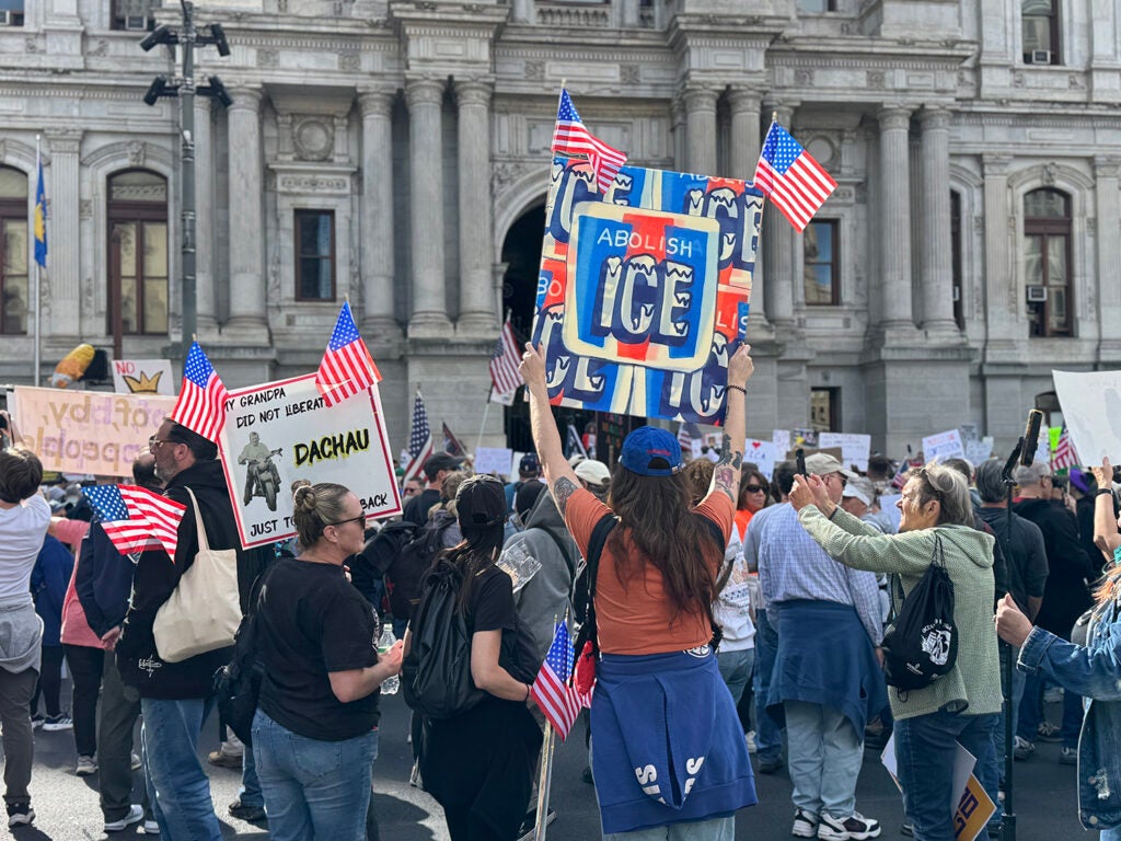 ‘’No Kings’’ protesters gather at Philadelphia City Hall on Oct. 18, 2025.