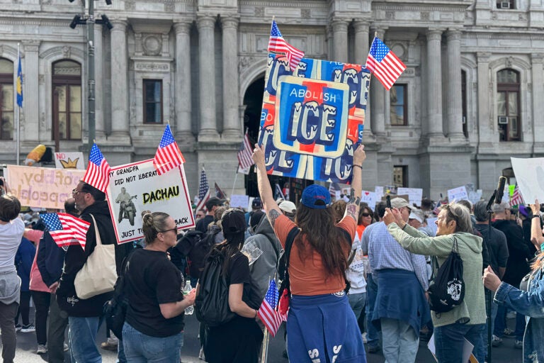 ‘’No Kings’’ protesters gather at Philadelphia City Hall on Oct. 18, 2025.