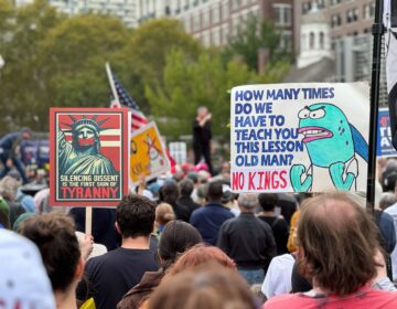‘’No Kings’’ protesters gather at Independence Mall in Philadelphia on Oct. 18, 2025